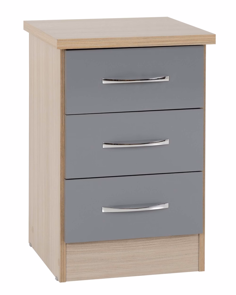 Nevada 3 Drawer Bedside Chest Grey Gloss/Light Oak Effect Veneer