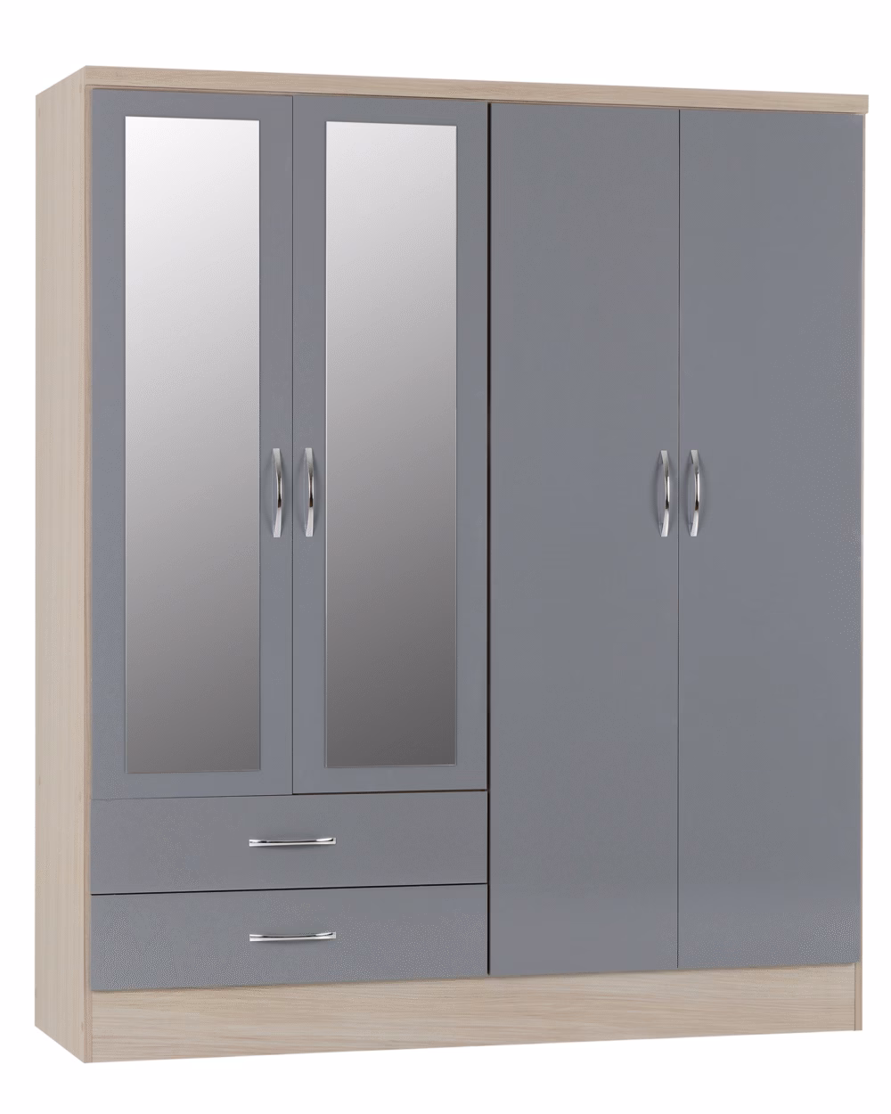 Nevada 4 Door 2 Drawer Mirrored Wardrobe Grey Gloss/Light Oak Effect Veneer