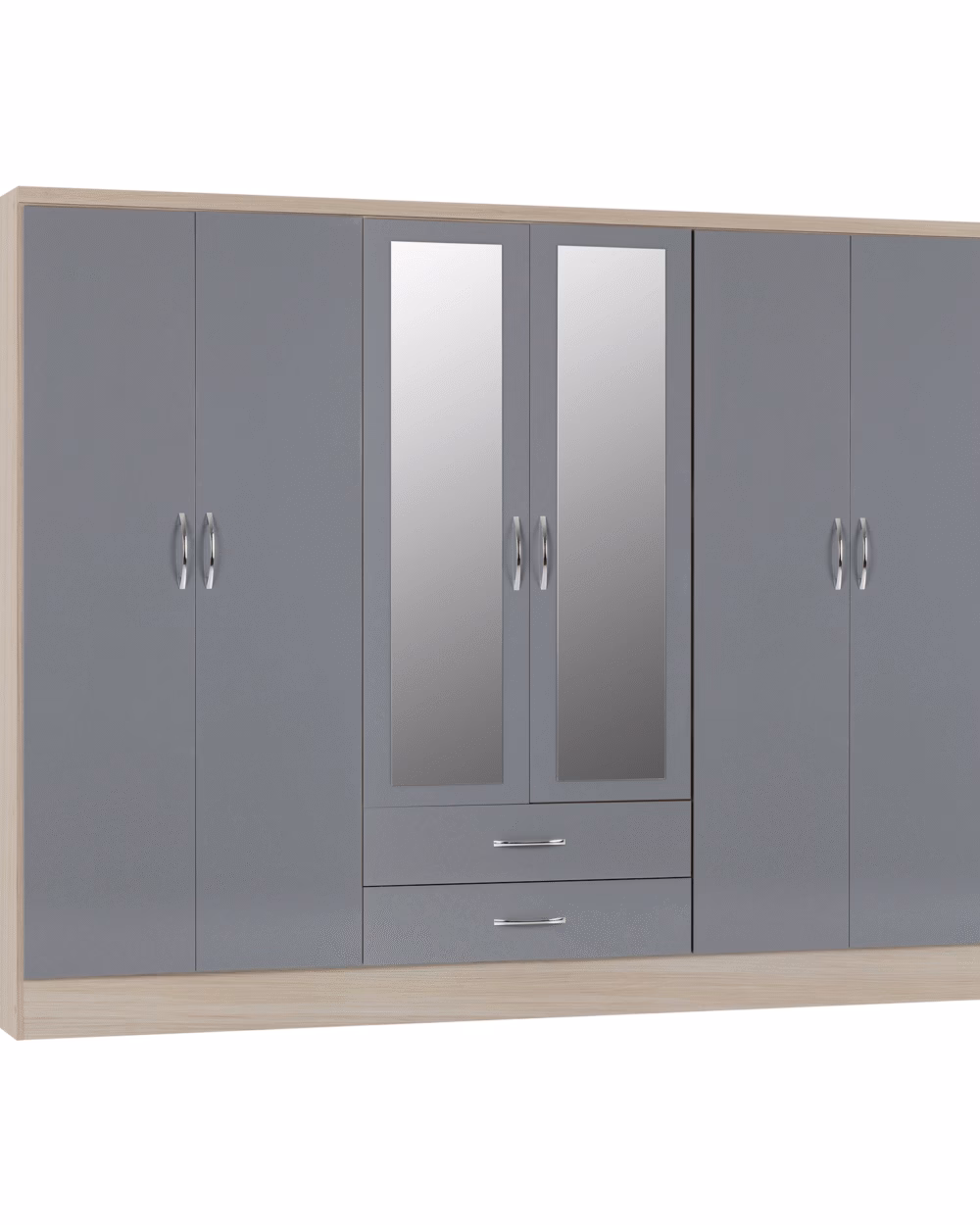 Nevada 6 Door 2 Drawer Mirrored Wardrobe Grey Gloss/Light Oak Effect Veneer
