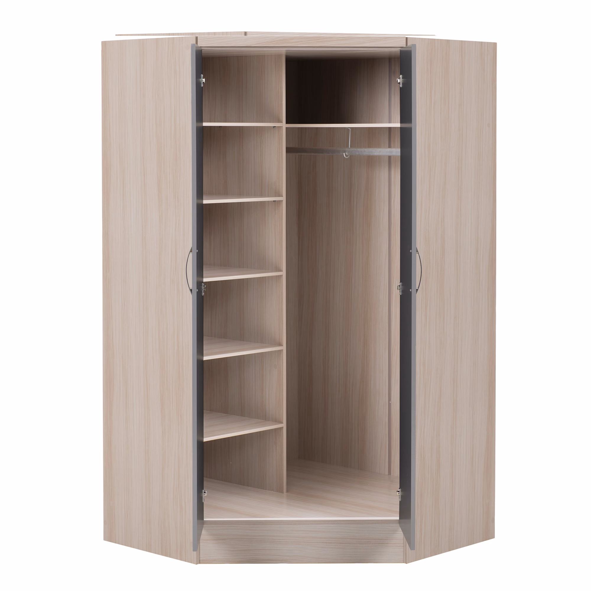 Nevada 2 Door Corner Wardrobe Grey Gloss/Light Oak Effect Veneer - Image 2